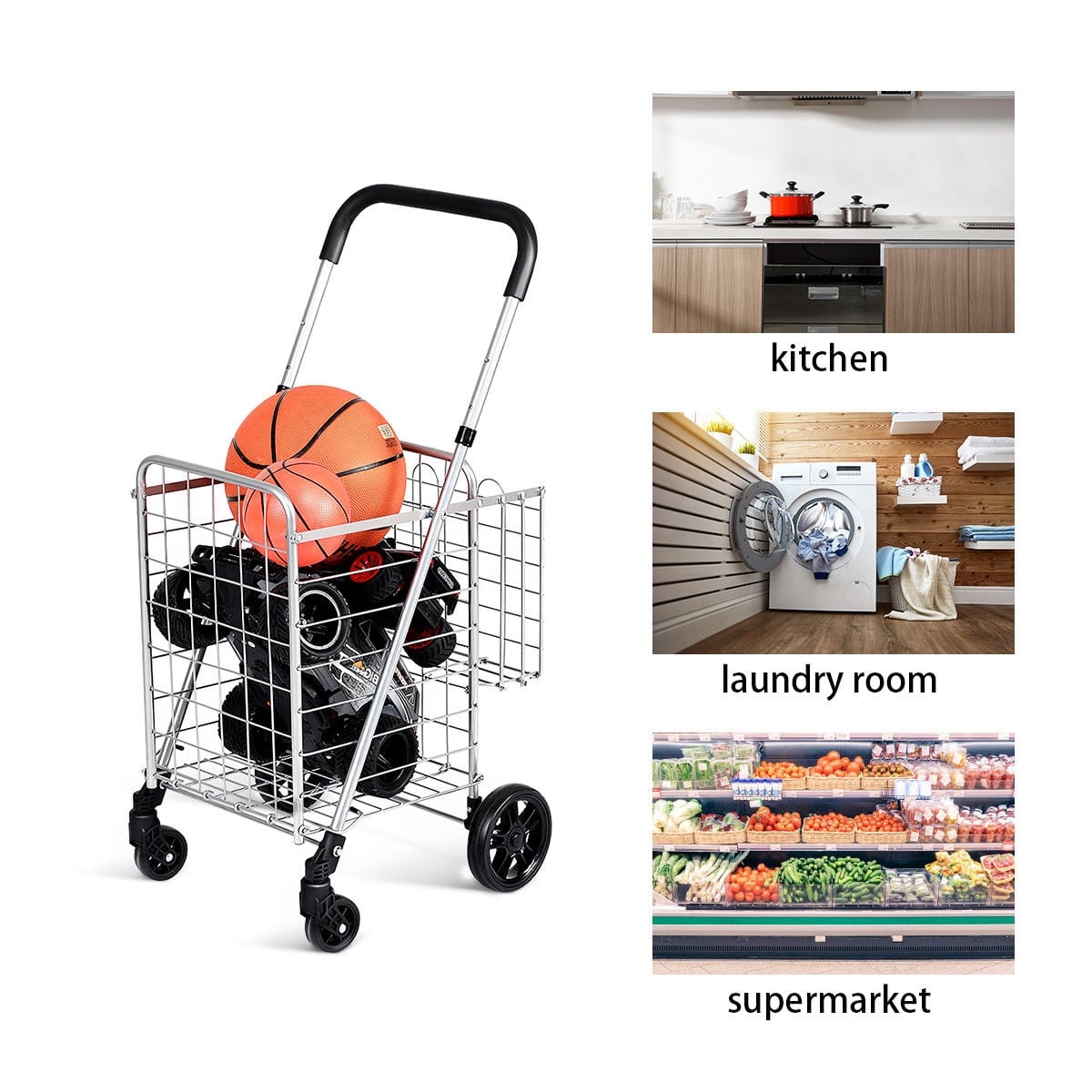 Folding Shopping Cart Basket Rolling Trolley with Adjustable Handle-Silver-Kitchen Tools-DECOROLALA