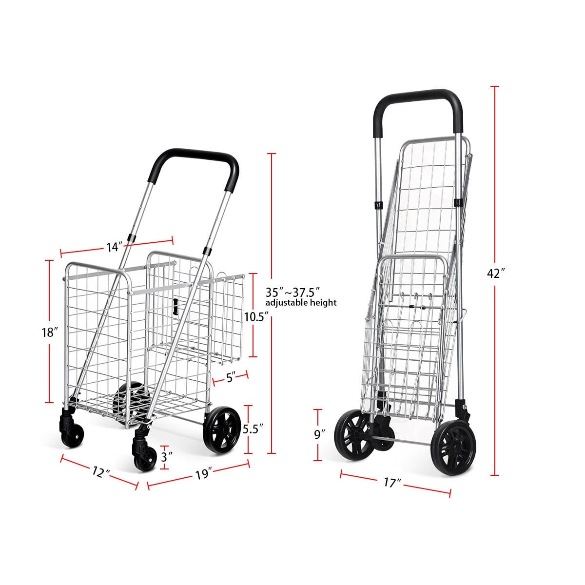 Folding Shopping Cart Basket Rolling Trolley with Adjustable Handle-Silver-Kitchen Tools-DECOROLALA