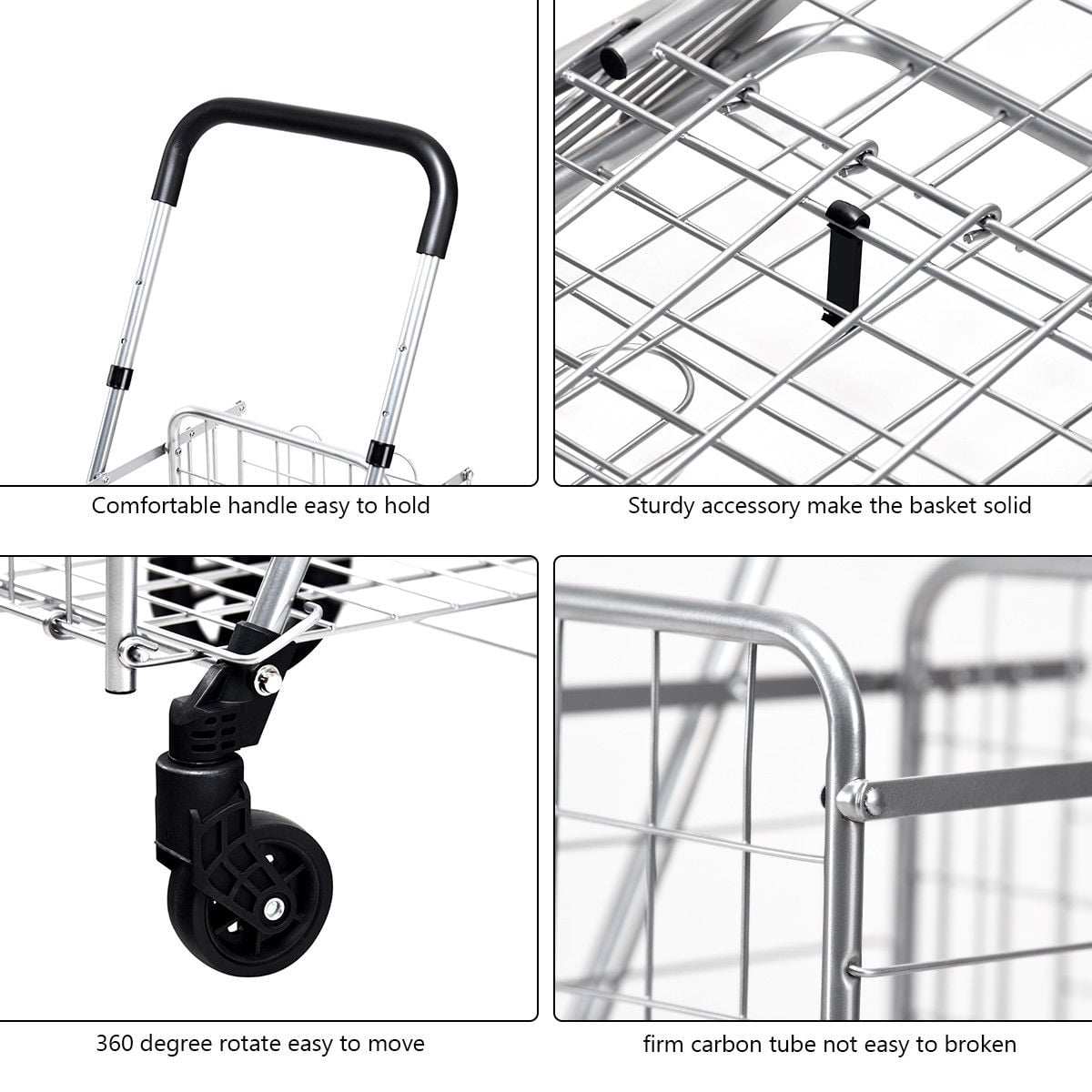 Folding Shopping Cart Basket Rolling Trolley with Adjustable Handle-Silver-Kitchen Tools-DECOROLALA