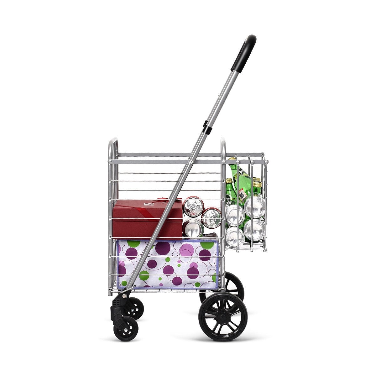Folding Shopping Cart Basket Rolling Trolley with Adjustable Handle-Silver-Kitchen Tools-DECOROLALA