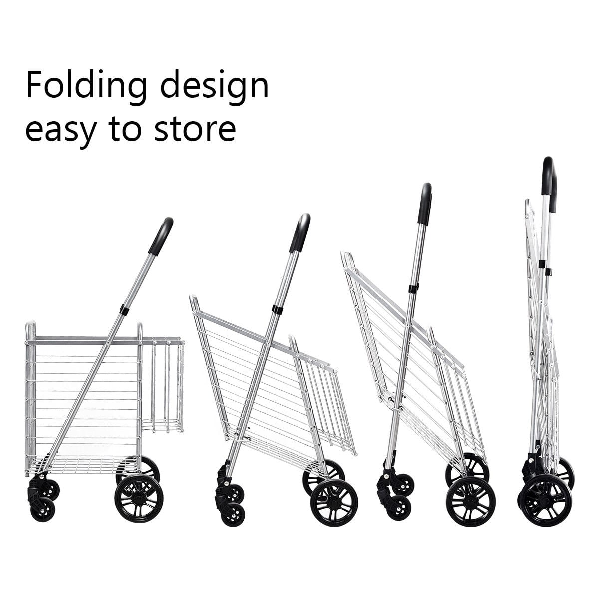 Folding Shopping Cart Basket Rolling Trolley with Adjustable Handle-Silver-Kitchen Tools-DECOROLALA