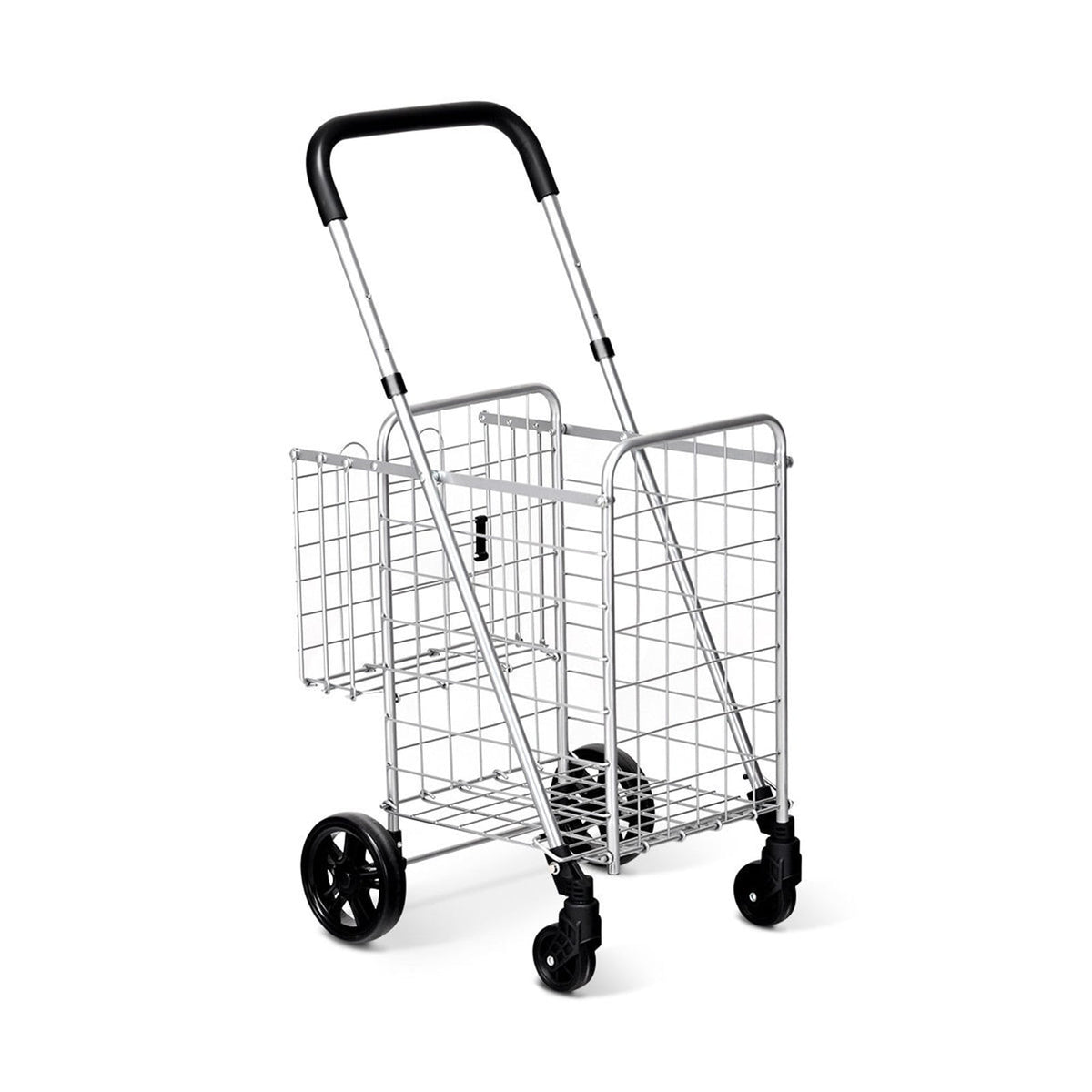 Folding Shopping Cart Basket Rolling Trolley with Adjustable Handle-Silver-Kitchen Tools-DECOROLALA