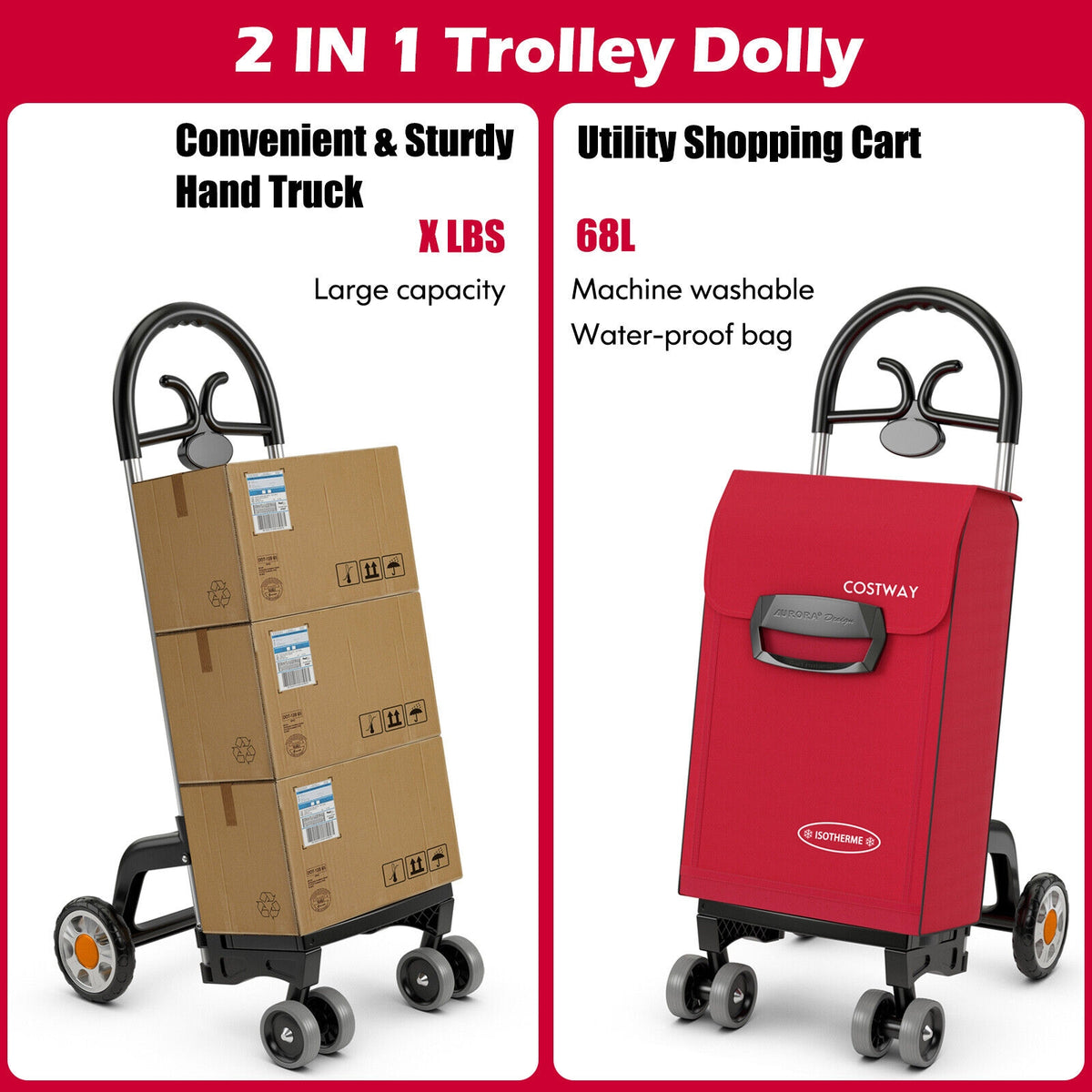 Folding Shopping Cart Utility Hand Truck with Rolling Swivel Wheels-Red-Kitchen Tools-DECOROLALA