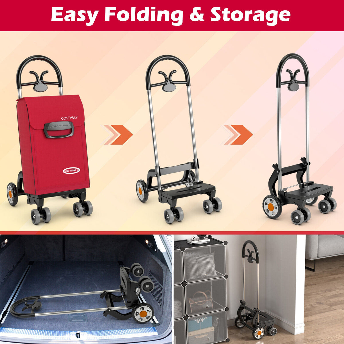 Folding Shopping Cart Utility Hand Truck with Rolling Swivel Wheels-Red-Kitchen Tools-DECOROLALA