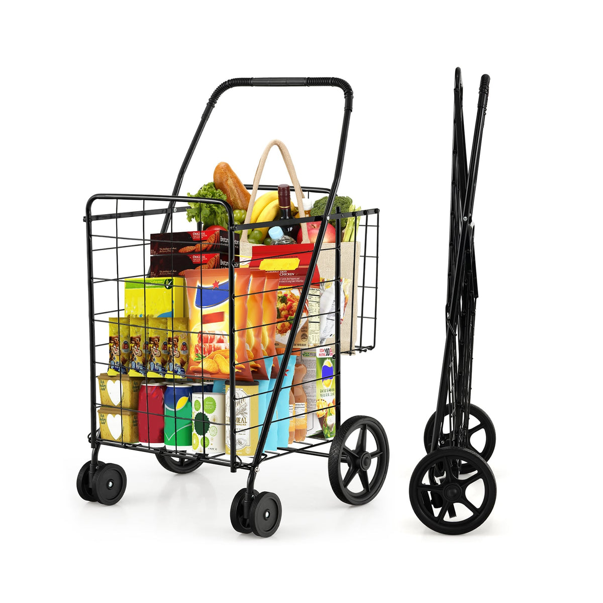 Folding Shopping Cart for Laundry with Swiveling Wheels and Dual Storage Baskets-Black-Kitchen Tools-DECOROLALA