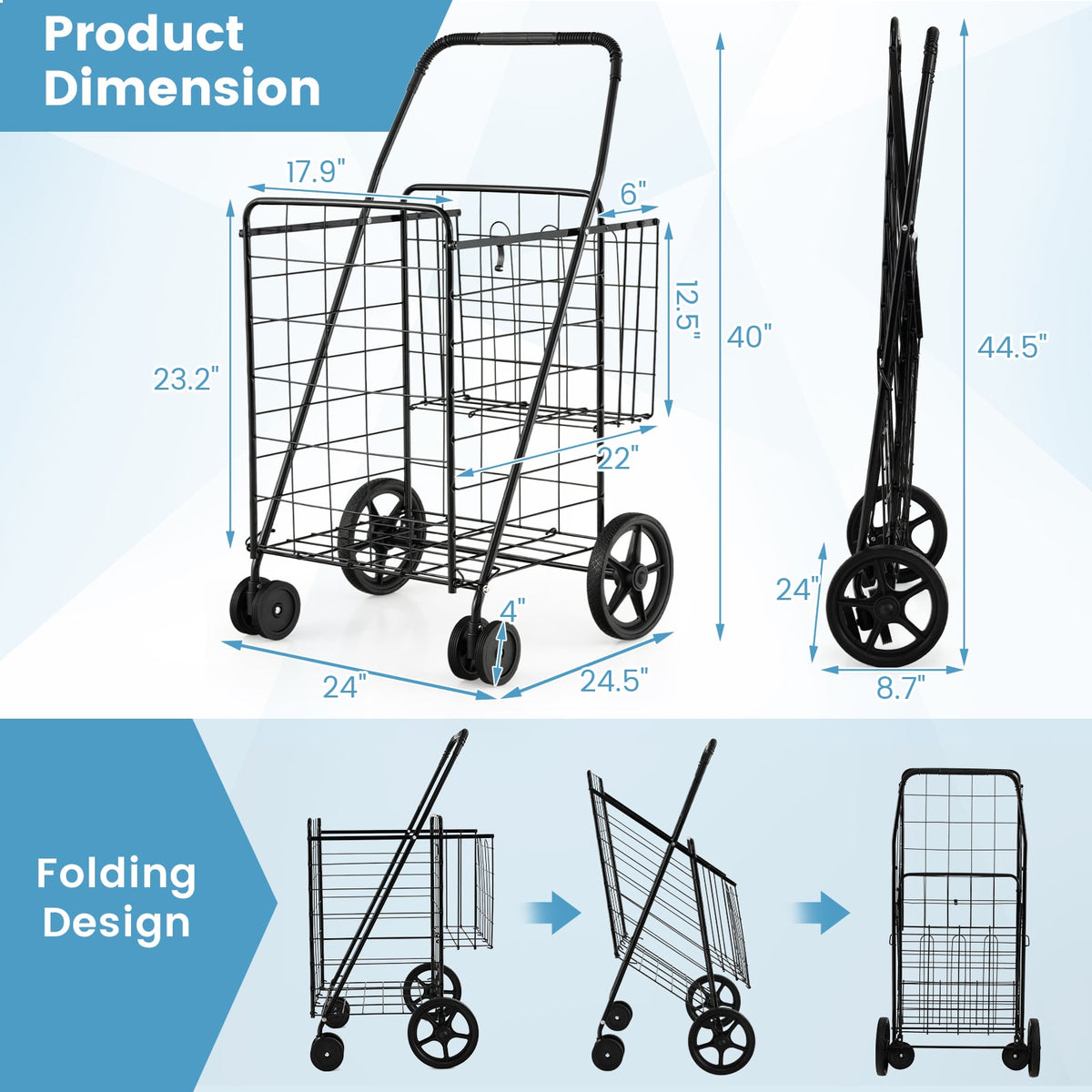 Folding Shopping Cart for Laundry with Swiveling Wheels and Dual Storage Baskets-Black-Kitchen Tools-DECOROLALA