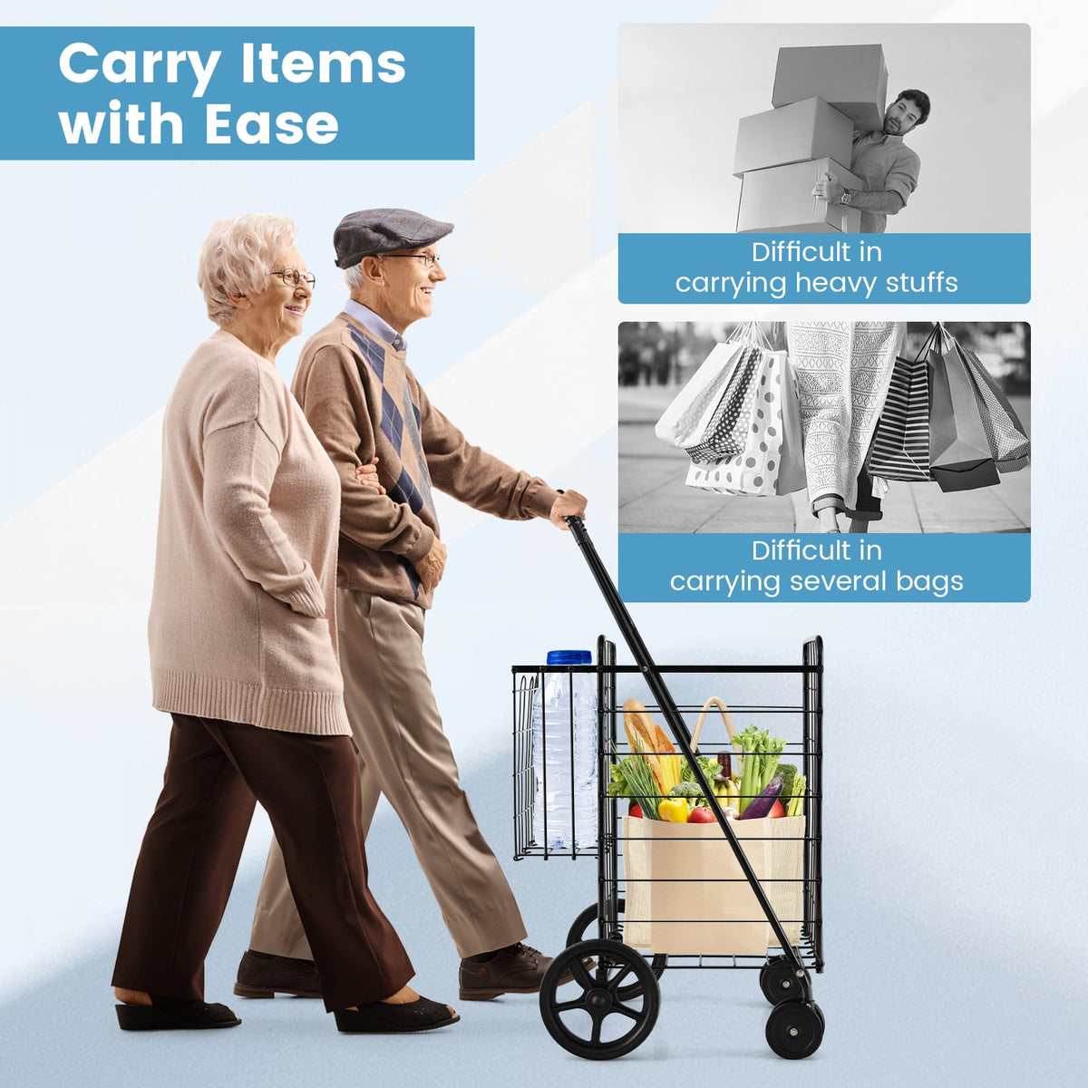 Folding Shopping Cart for Laundry with Swiveling Wheels and Dual Storage Baskets-Black-Kitchen Tools-DECOROLALA