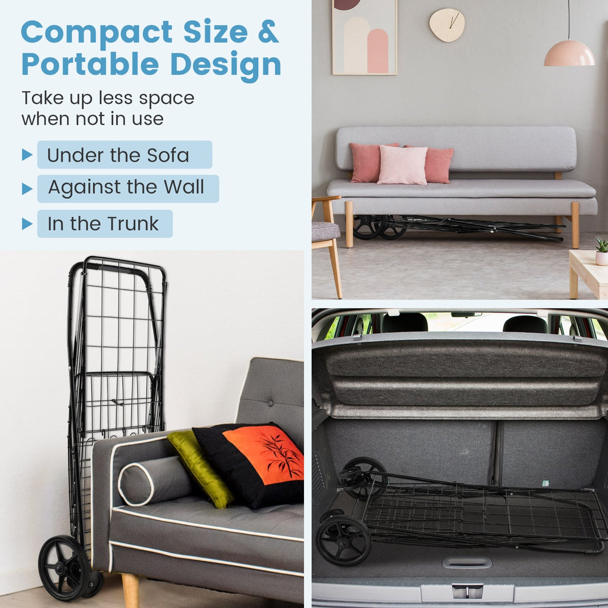 Folding Shopping Cart for Laundry with Swiveling Wheels and Dual Storage Baskets-Black-Kitchen Tools-DECOROLALA