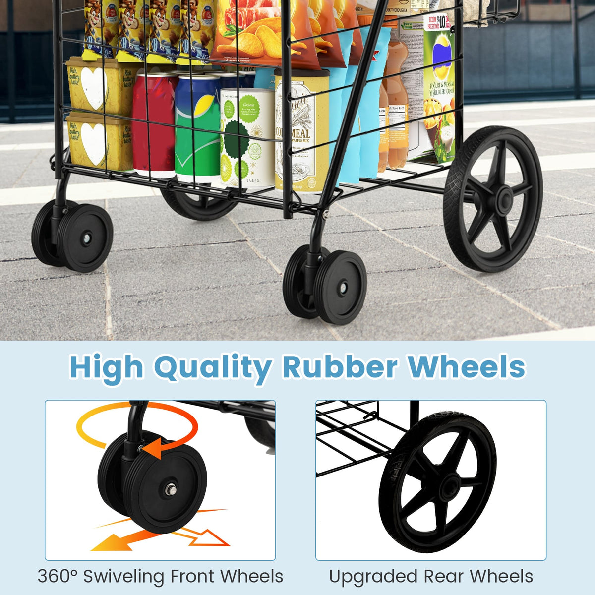 Folding Shopping Cart for Laundry with Swiveling Wheels and Dual Storage Baskets-Black-Kitchen Tools-DECOROLALA