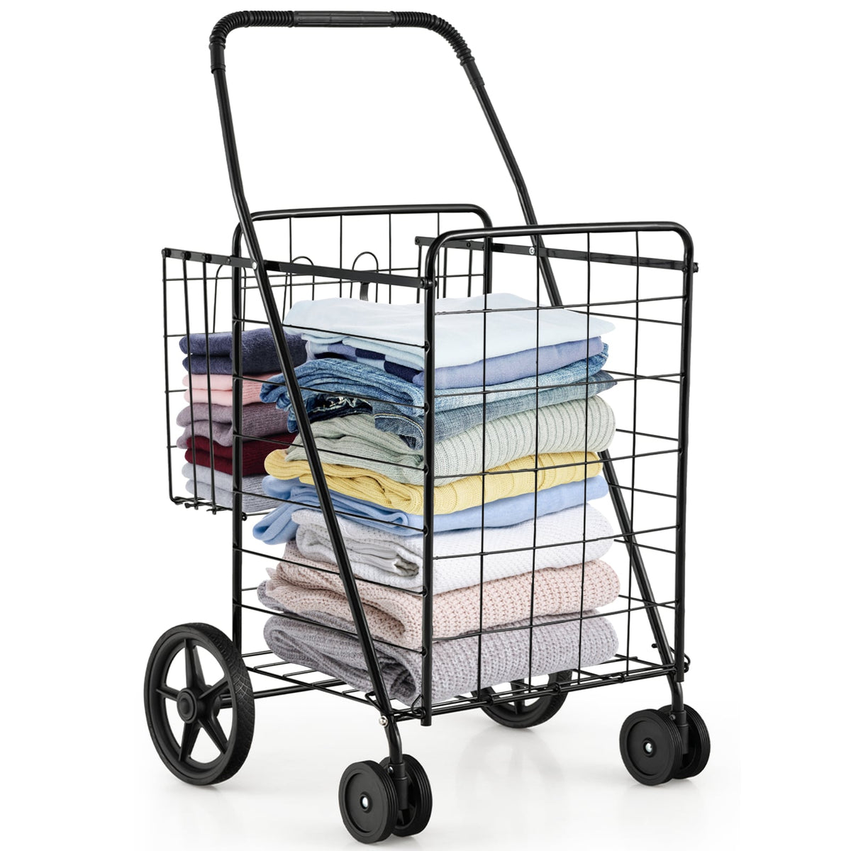 Folding Shopping Cart for Laundry with Swiveling Wheels and Dual Storage Baskets-Black-Kitchen Tools-DECOROLALA