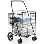 Folding Shopping Cart for Laundry with Swiveling Wheels and Dual Storage Baskets-Black-Kitchen Tools-DECOROLALA