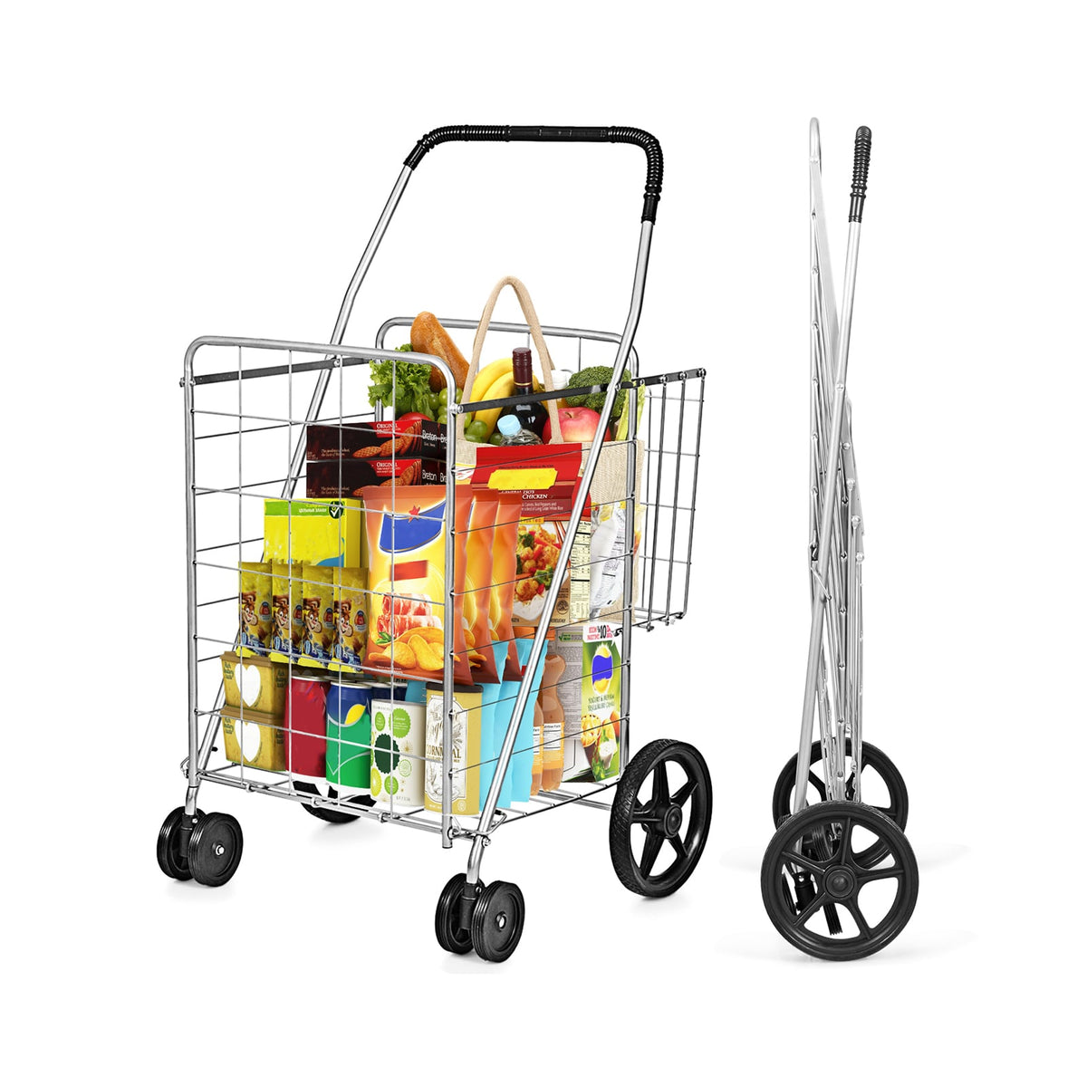 Folding Shopping Cart for Laundry with Swiveling Wheels and Dual Storage Baskets-Sliver-Kitchen Tools-DECOROLALA