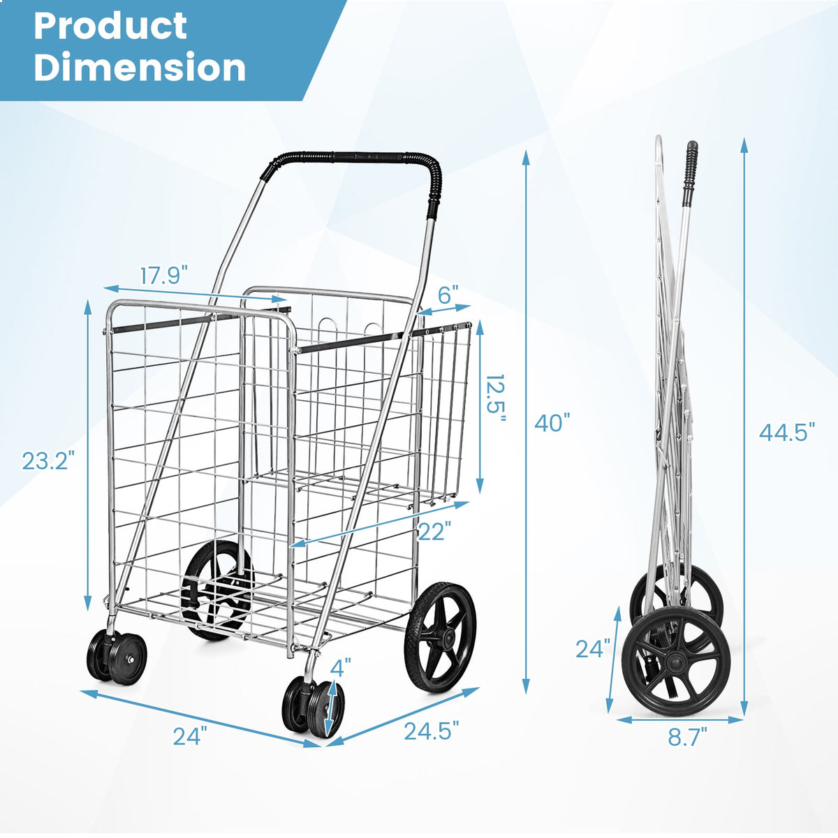 Folding Shopping Cart for Laundry with Swiveling Wheels and Dual Storage Baskets-Sliver-Kitchen Tools-DECOROLALA