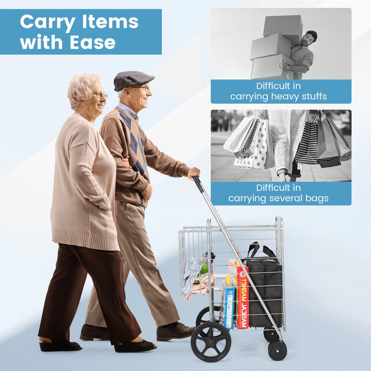 Folding Shopping Cart for Laundry with Swiveling Wheels and Dual Storage Baskets-Sliver-Kitchen Tools-DECOROLALA