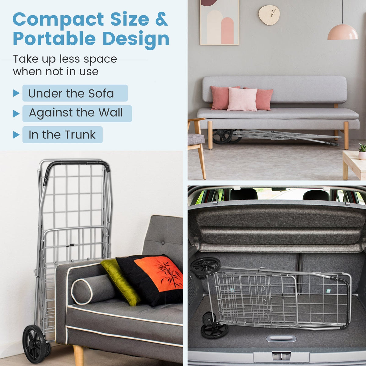 Folding Shopping Cart for Laundry with Swiveling Wheels and Dual Storage Baskets-Sliver-Kitchen Tools-DECOROLALA
