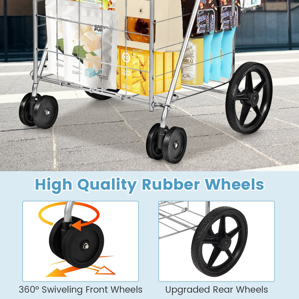 Folding Shopping Cart for Laundry with Swiveling Wheels and Dual Storage Baskets-Sliver-Kitchen Tools-DECOROLALA