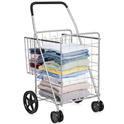 Folding Shopping Cart for Laundry with Swiveling Wheels and Dual Storage Baskets-Sliver-Kitchen Tools-DECOROLALA