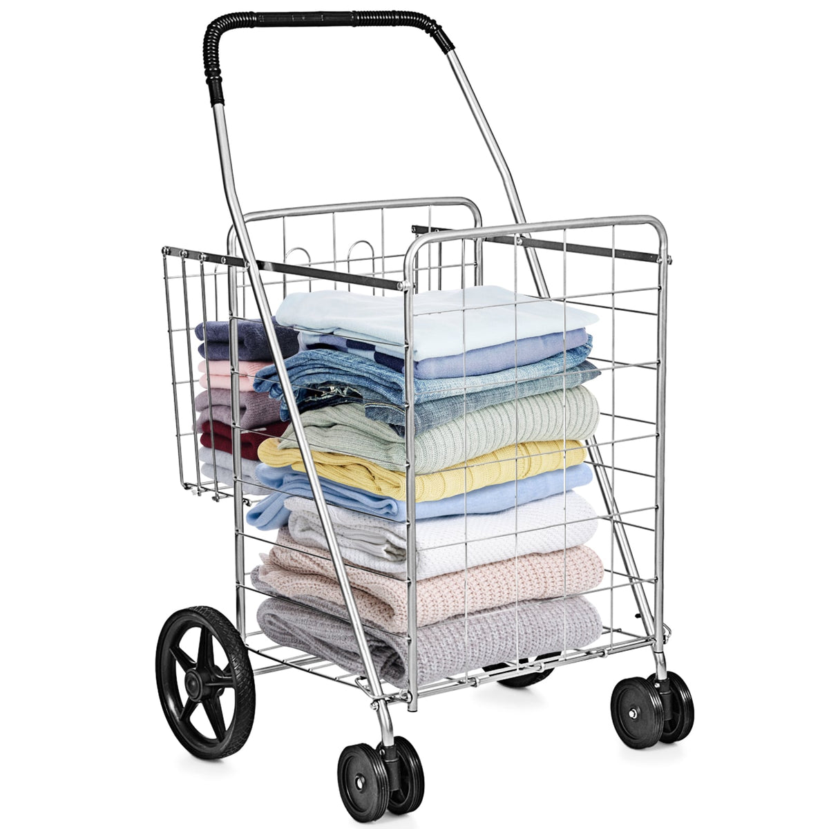 Folding Shopping Cart for Laundry with Swiveling Wheels and Dual Storage Baskets-Sliver-Kitchen Tools-DECOROLALA