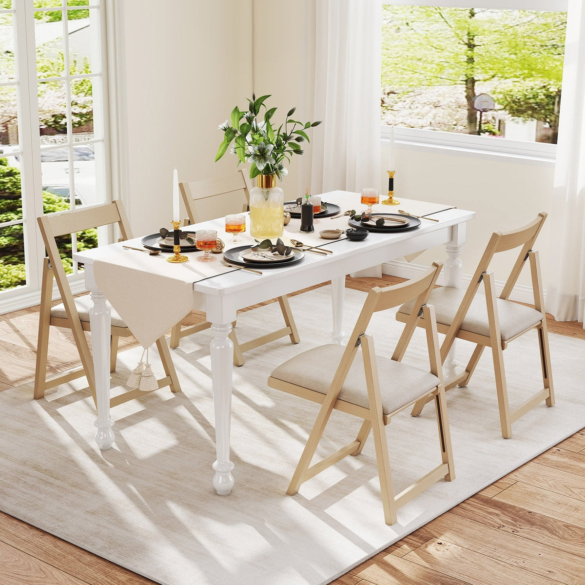Folding Upholstered Dining Chair Set of 4 with Curved Backrest-Beige-Dining Chairs-DECOROLALA