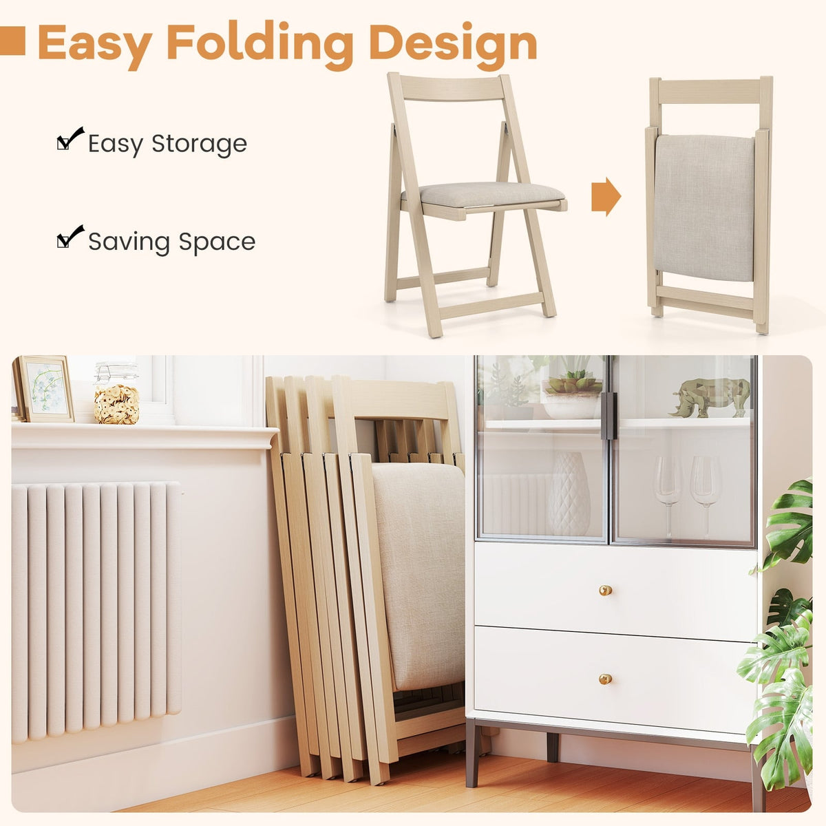 Folding Upholstered Dining Chair Set of 4 with Curved Backrest-Beige-Dining Chairs-DECOROLALA