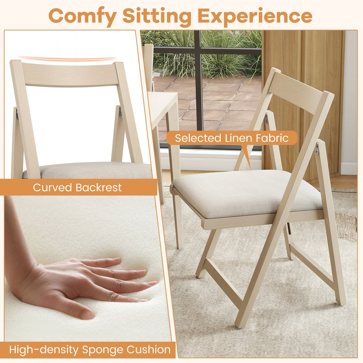 Folding Upholstered Dining Chair Set of 4 with Curved Backrest-Beige-Dining Chairs-DECOROLALA