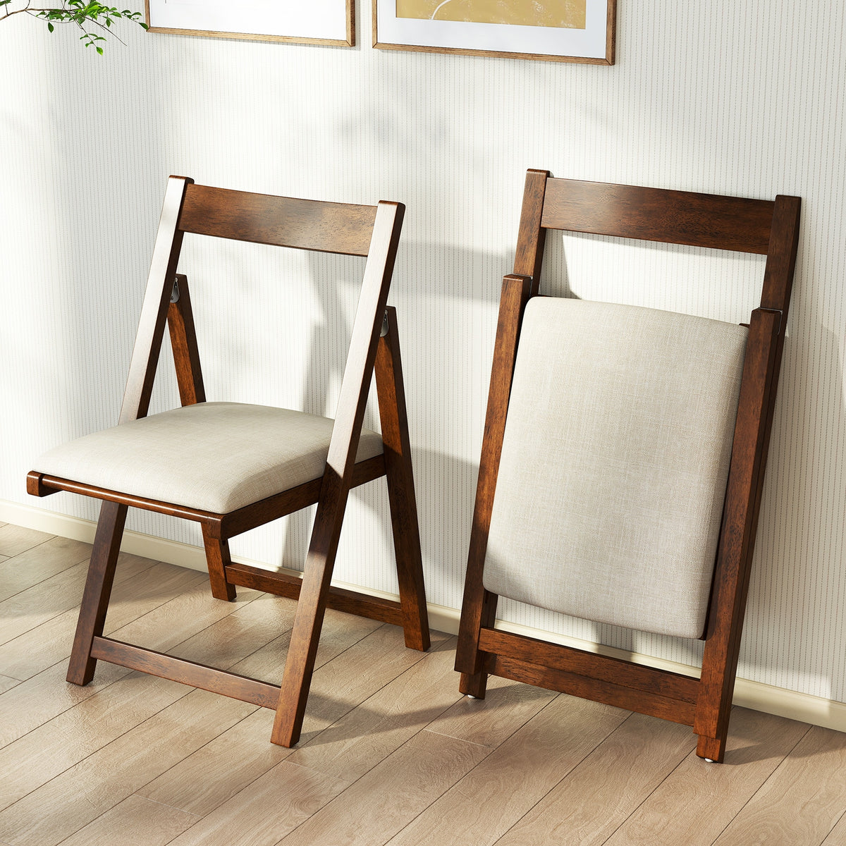 Folding Upholstered Dining Chair Set of 4 with Curved Backrest-Walnut-Dining Chairs-DECOROLALA