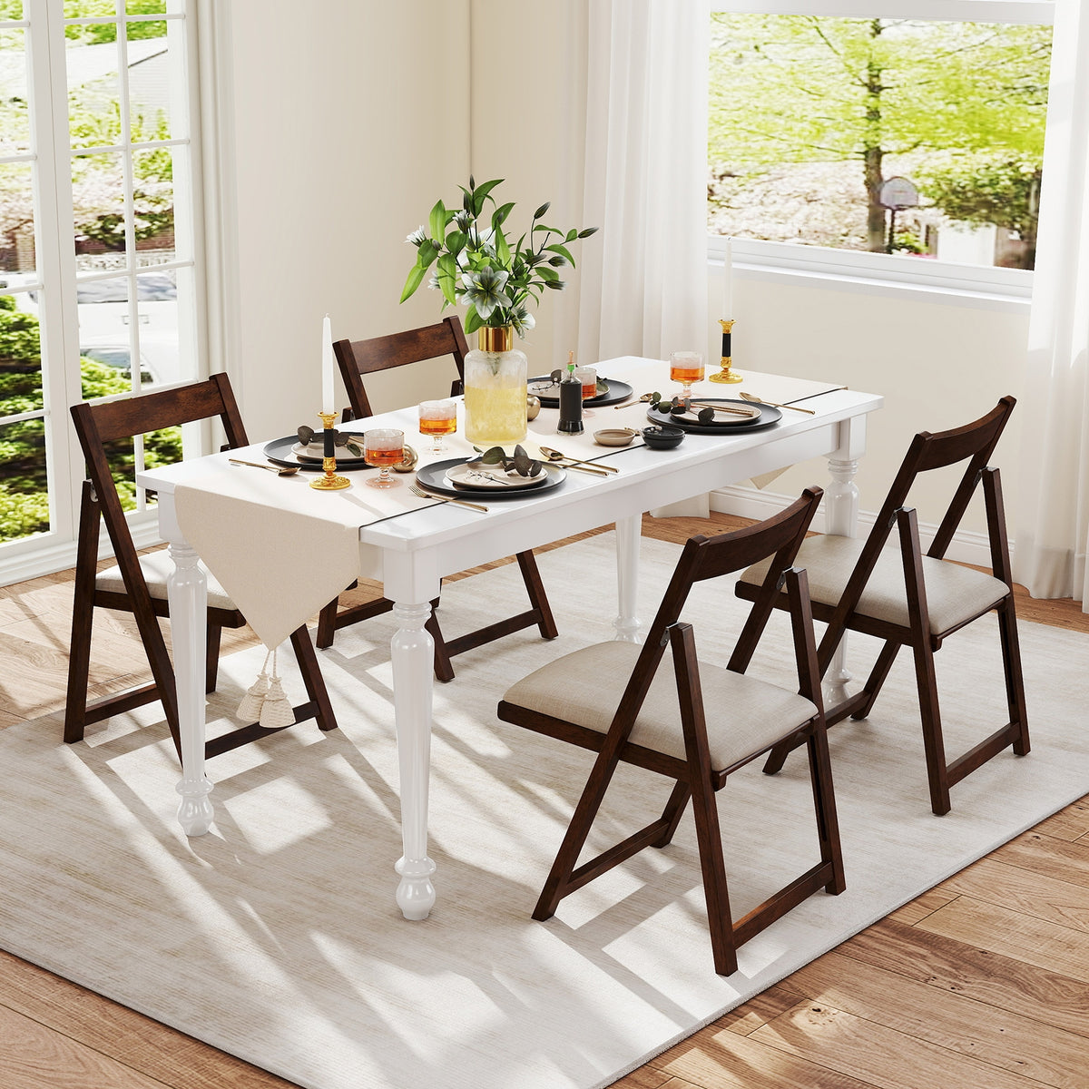 Folding Upholstered Dining Chair Set of 4 with Curved Backrest-Walnut-Dining Chairs-DECOROLALA