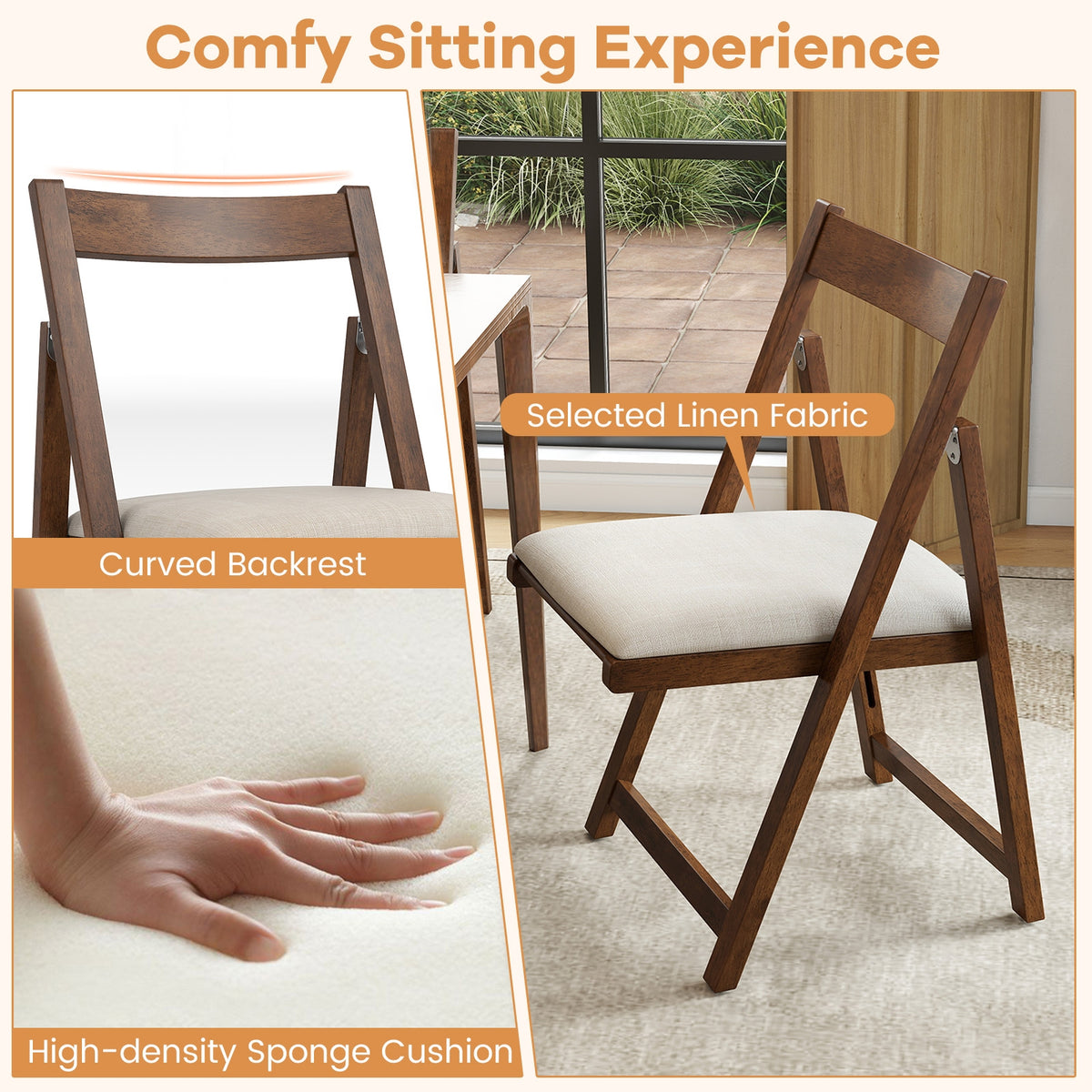 Folding Upholstered Dining Chair Set of 4 with Curved Backrest-Walnut-Dining Chairs-DECOROLALA