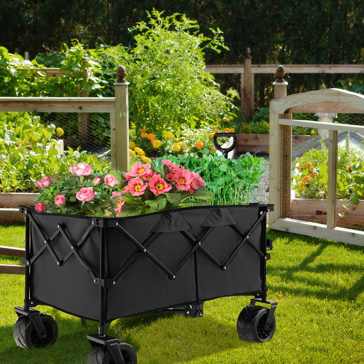Folding Utility Garden Cart with Wide Wheels and Adjustable Handle-Black-Garden Carts-DECOROLALA