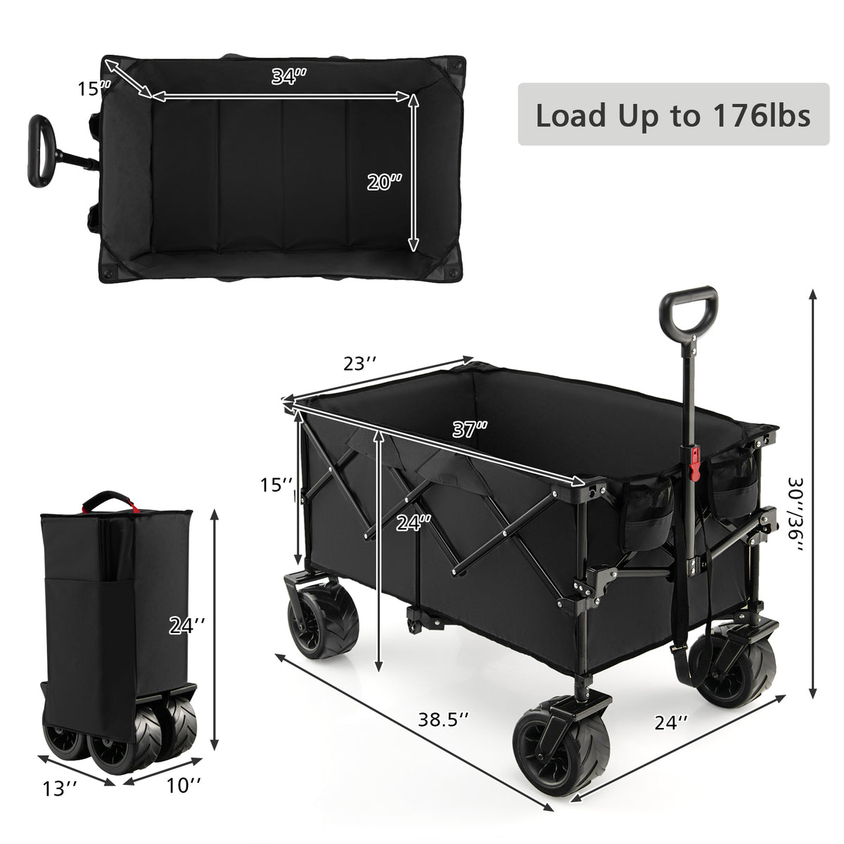 Folding Utility Garden Cart with Wide Wheels and Adjustable Handle-Black-Garden Carts-DECOROLALA