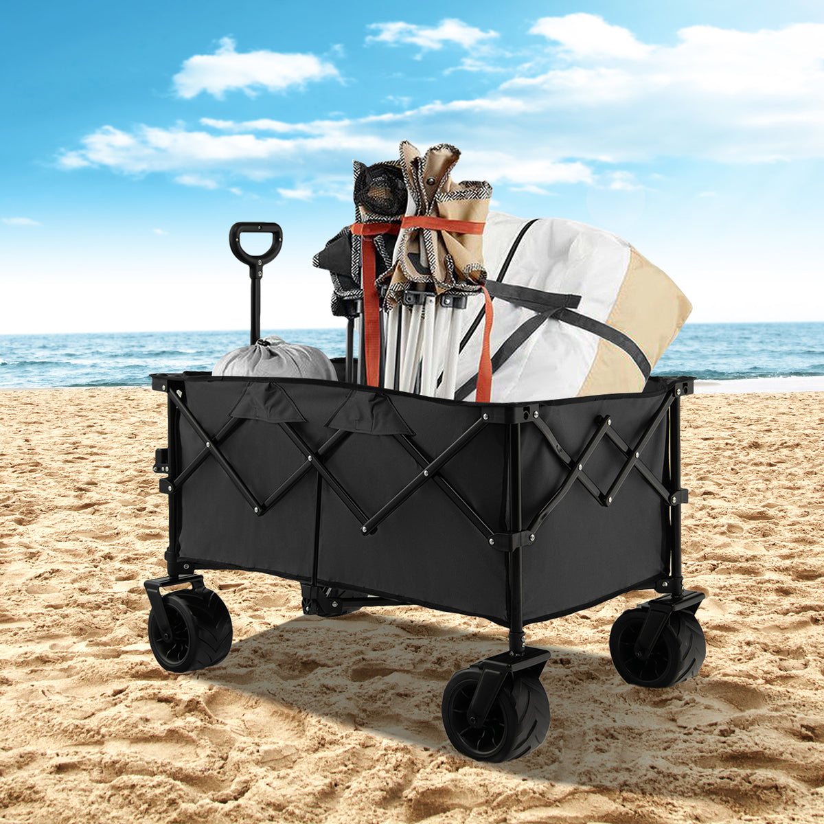 Folding Utility Garden Cart with Wide Wheels and Adjustable Handle-Black-Garden Carts-DECOROLALA