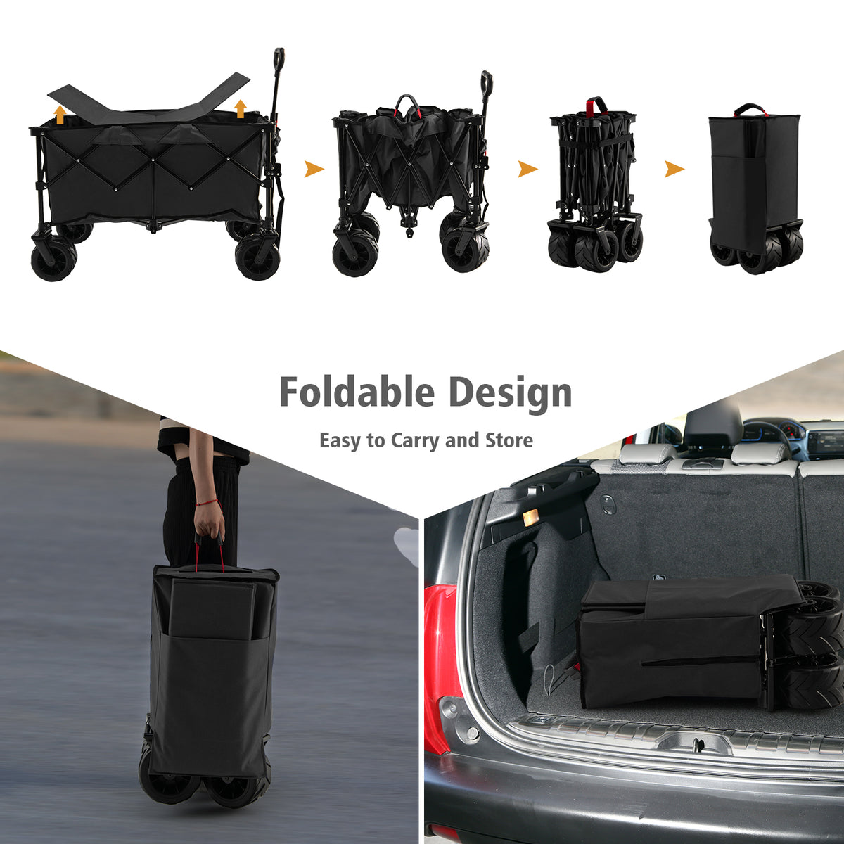 Folding Utility Garden Cart with Wide Wheels and Adjustable Handle-Black-Garden Carts-DECOROLALA