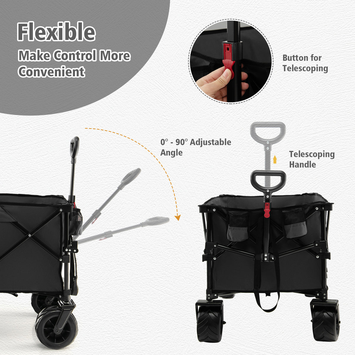 Folding Utility Garden Cart with Wide Wheels and Adjustable Handle-Black-Garden Carts-DECOROLALA
