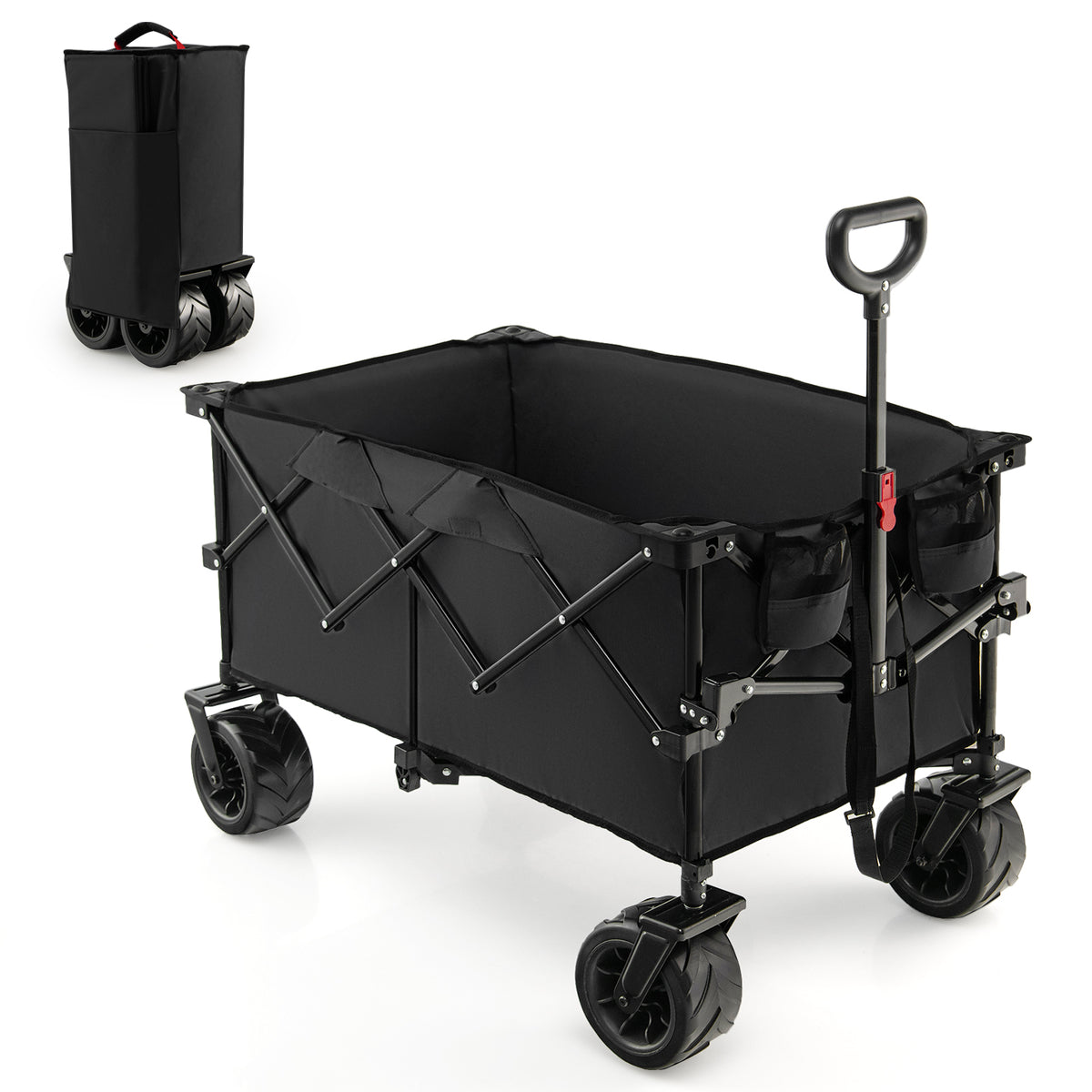 Folding Utility Garden Cart with Wide Wheels and Adjustable Handle-Black-Garden Carts-DECOROLALA