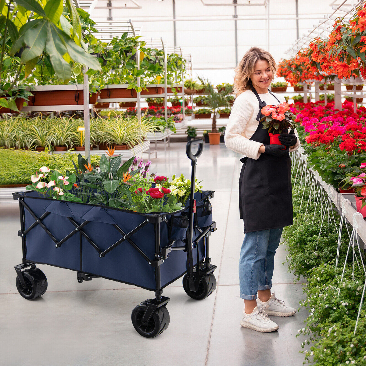 Folding Utility Garden Cart with Wide Wheels and Adjustable Handle-Blue-Garden Carts-DECOROLALA