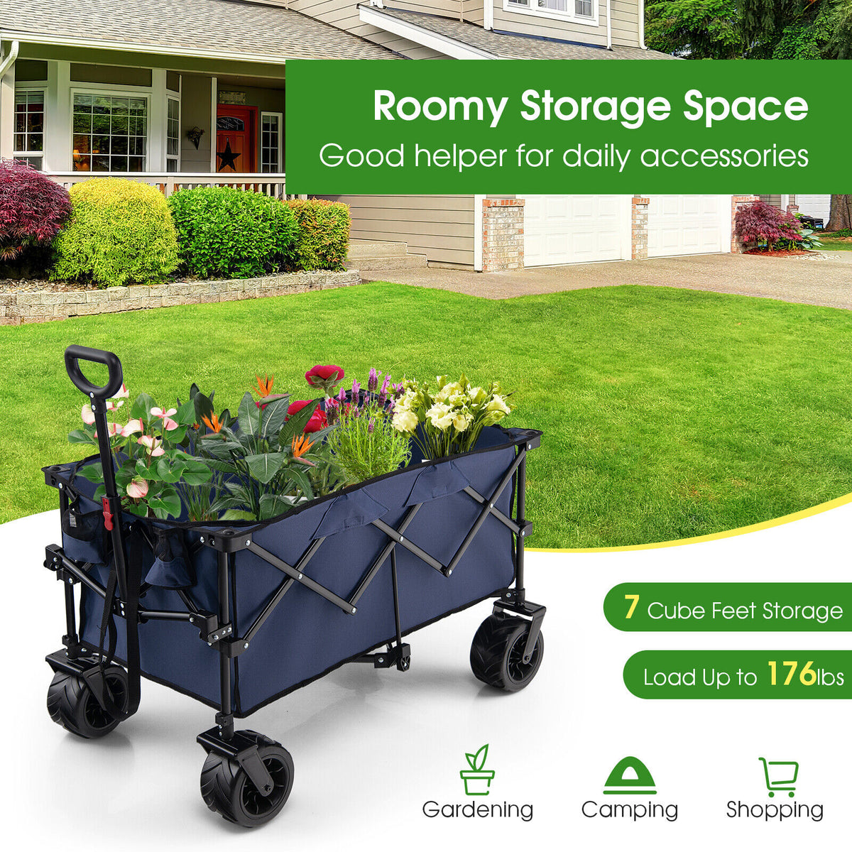 Folding Utility Garden Cart with Wide Wheels and Adjustable Handle-Blue-Garden Carts-DECOROLALA
