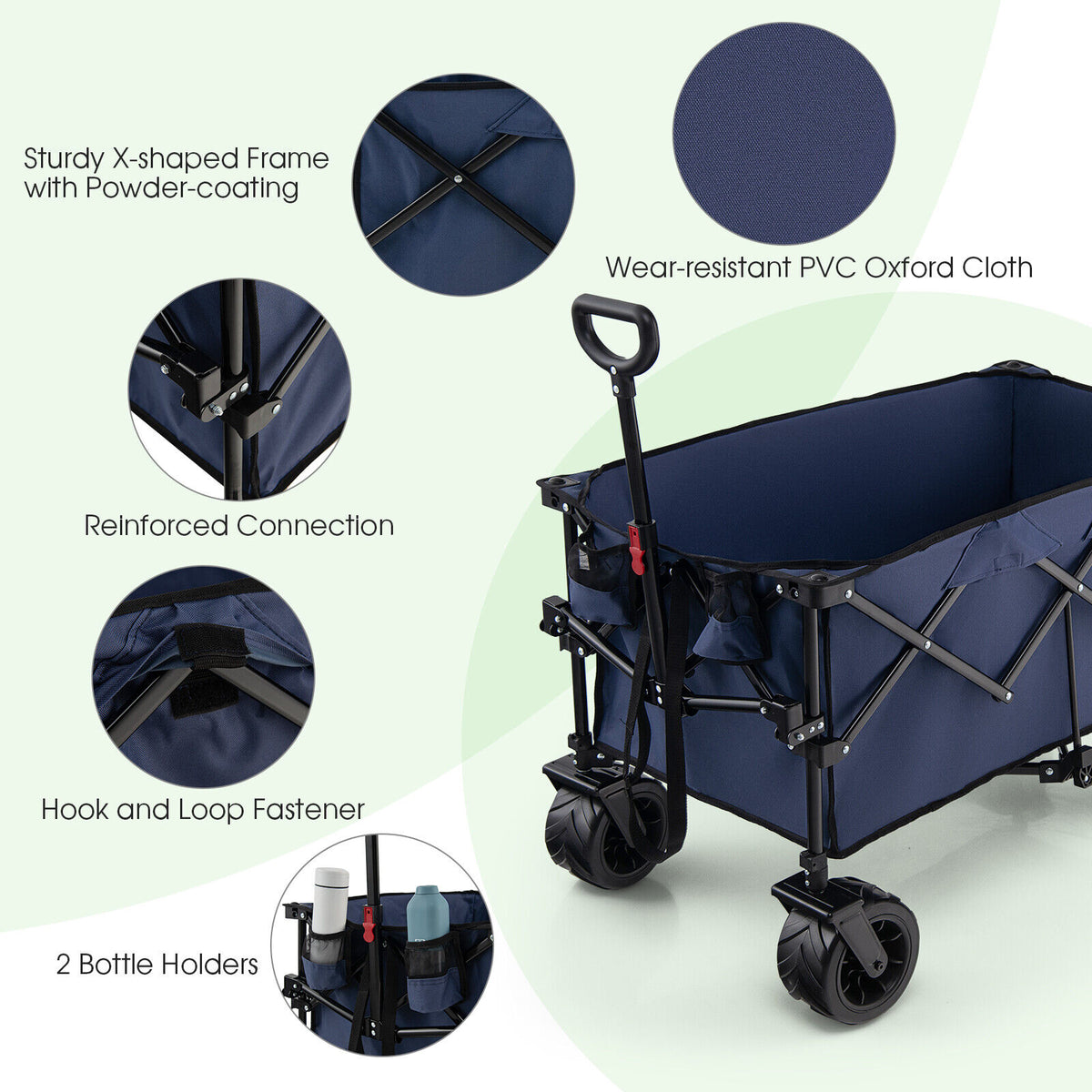 Folding Utility Garden Cart with Wide Wheels and Adjustable Handle-Blue-Garden Carts-DECOROLALA