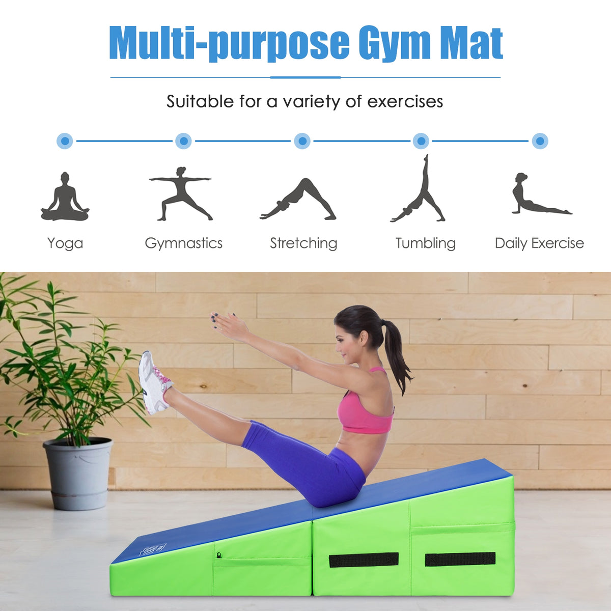 Folding Wedge Exercise Gymnastics Mat with Handles-Green-Yoga & Gym Mats-DECOROLALA