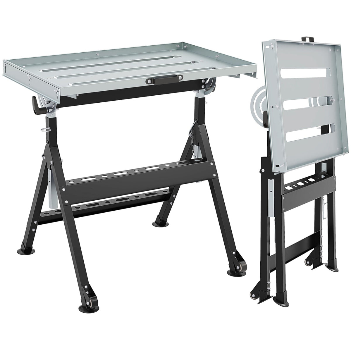 Folding Welding Table Welding Workbench with 2 Fixed Wheels 4-Level Height-Black-Garages-DECOROLALA