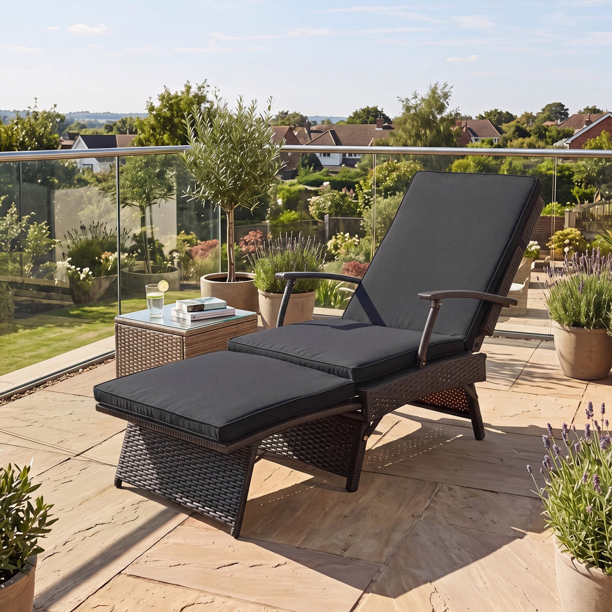 Folding Wicker Chaise Lounge with Slide-Out Ottoman11-Level Adjustable Backrest to Flat and Sun-Proof PE Rattan-Black-Outdoor Chaise Lounges-DECOROLALA