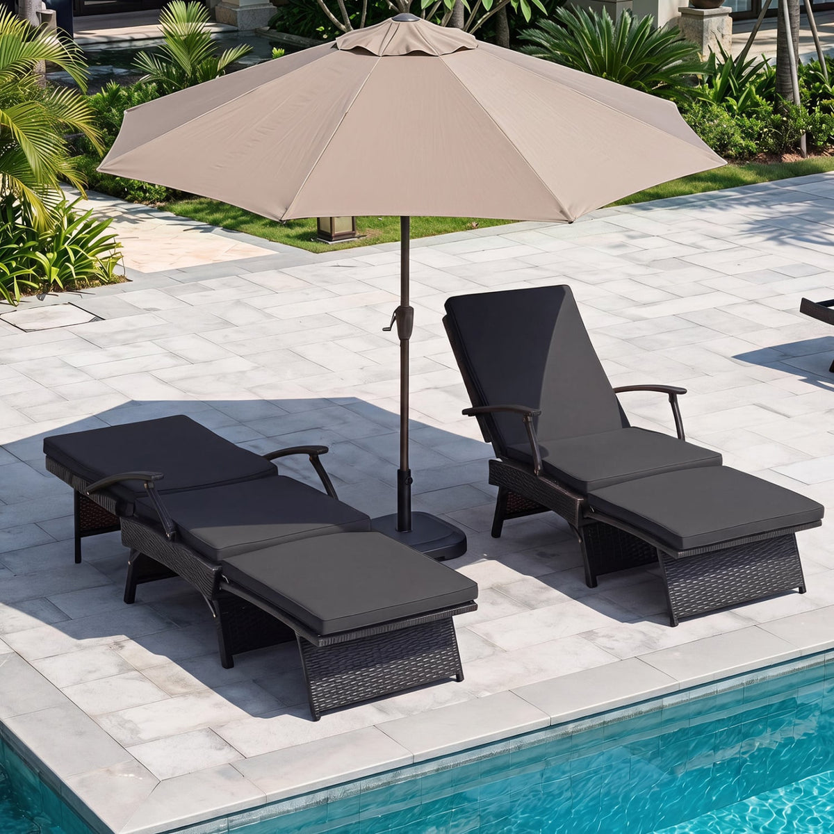 Folding Wicker Chaise Lounge with Slide-Out Ottoman11-Level Adjustable Backrest to Flat and Sun-Proof PE Rattan-Black-Outdoor Chaise Lounges-DECOROLALA