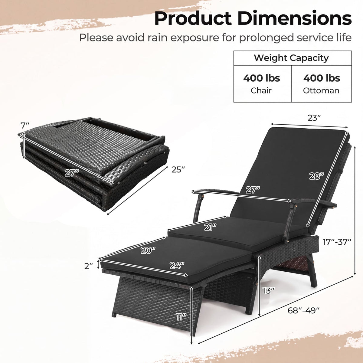Folding Wicker Chaise Lounge with Slide-Out Ottoman11-Level Adjustable Backrest to Flat and Sun-Proof PE Rattan-Black-Outdoor Chaise Lounges-DECOROLALA