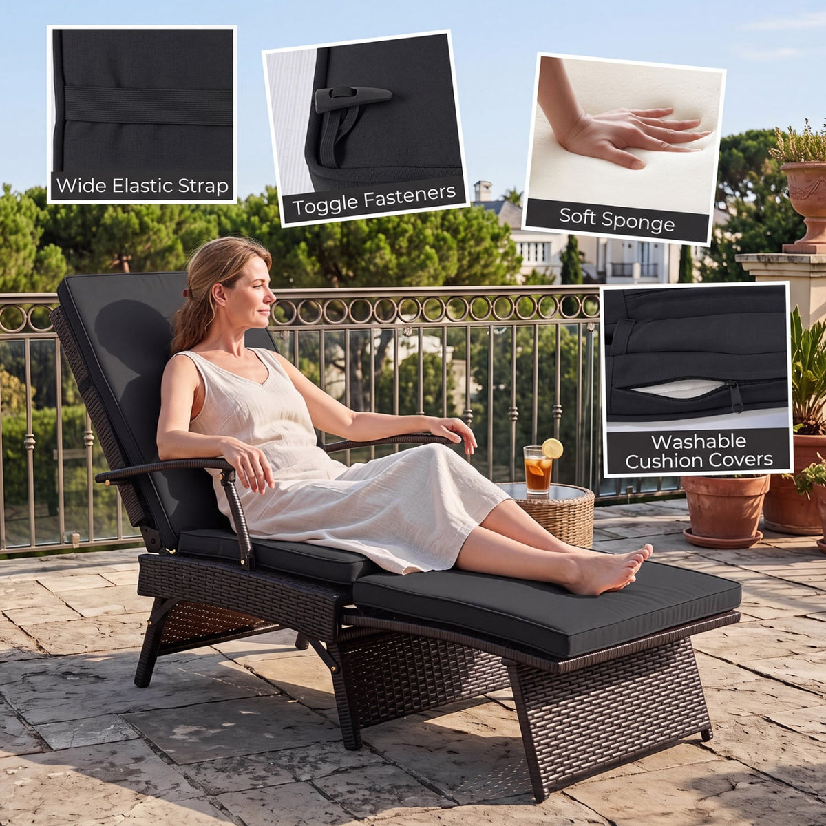 Folding Wicker Chaise Lounge with Slide-Out Ottoman11-Level Adjustable Backrest to Flat and Sun-Proof PE Rattan-Black-Outdoor Chaise Lounges-DECOROLALA