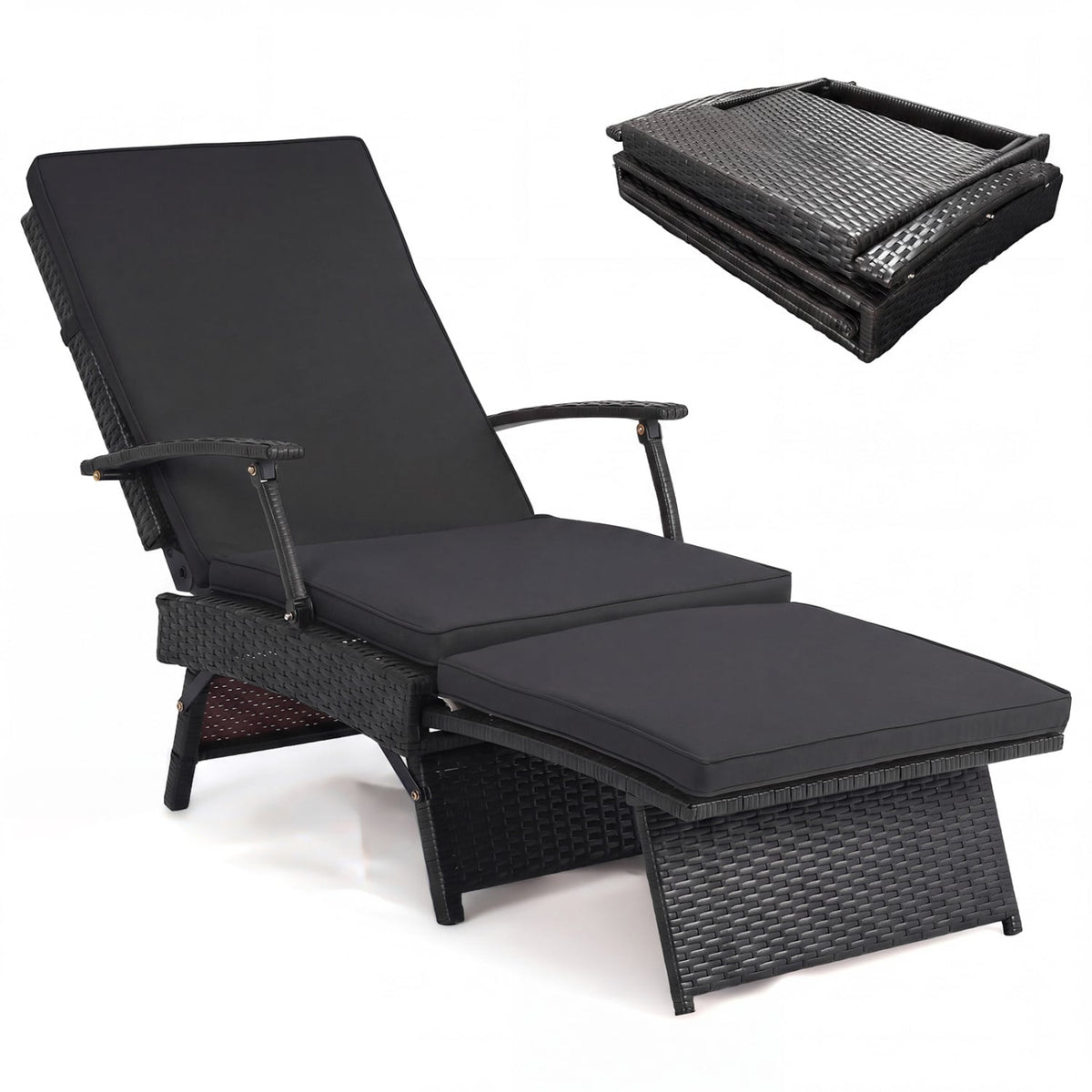 Folding Wicker Chaise Lounge with Slide-Out Ottoman11-Level Adjustable Backrest to Flat and Sun-Proof PE Rattan-Black-Outdoor Chaise Lounges-DECOROLALA