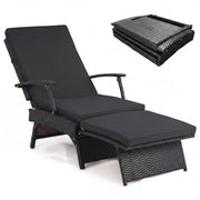 Folding Wicker Chaise Lounge with Slide-Out Ottoman11-Level Adjustable Backrest to Flat and Sun-Proof PE Rattan-Black-Outdoor Chaise Lounges-DECOROLALA