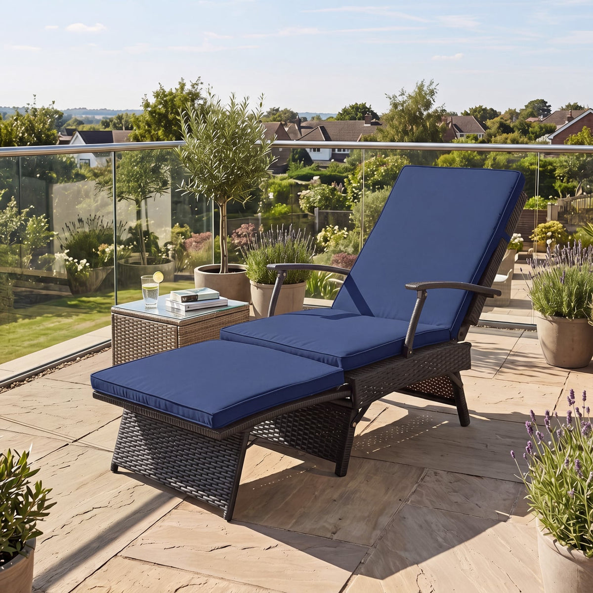 Folding Wicker Chaise Lounge with Slide-Out Ottoman11-Level Adjustable Backrest to Flat and Sun-Proof PE Rattan-Navy-Outdoor Chaise Lounges-DECOROLALA