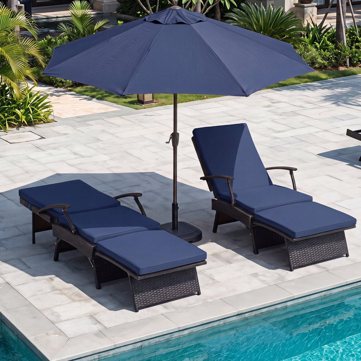 Folding Wicker Chaise Lounge with Slide-Out Ottoman11-Level Adjustable Backrest to Flat and Sun-Proof PE Rattan-Navy-Outdoor Chaise Lounges-DECOROLALA