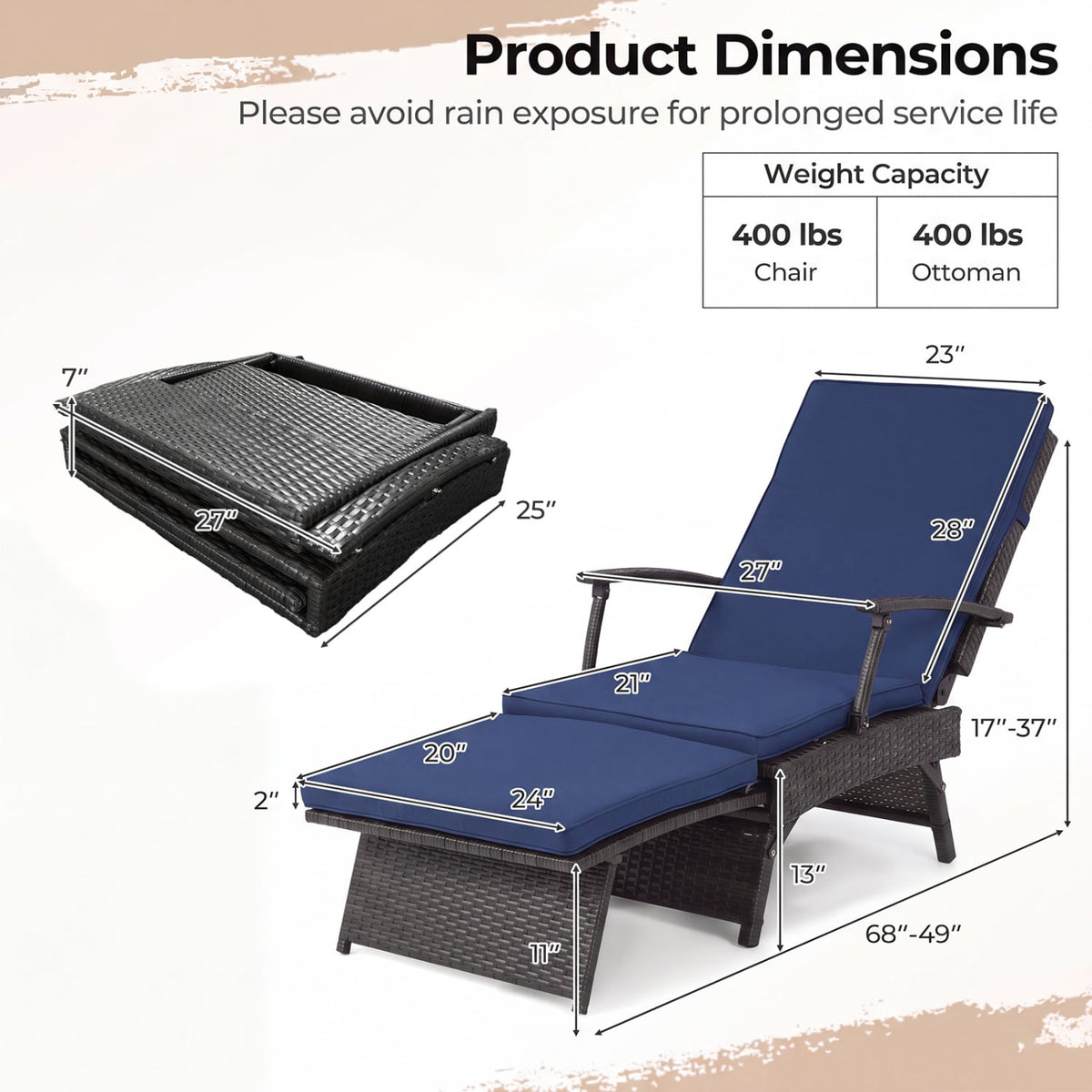 Folding Wicker Chaise Lounge with Slide-Out Ottoman11-Level Adjustable Backrest to Flat and Sun-Proof PE Rattan-Navy-Outdoor Chaise Lounges-DECOROLALA