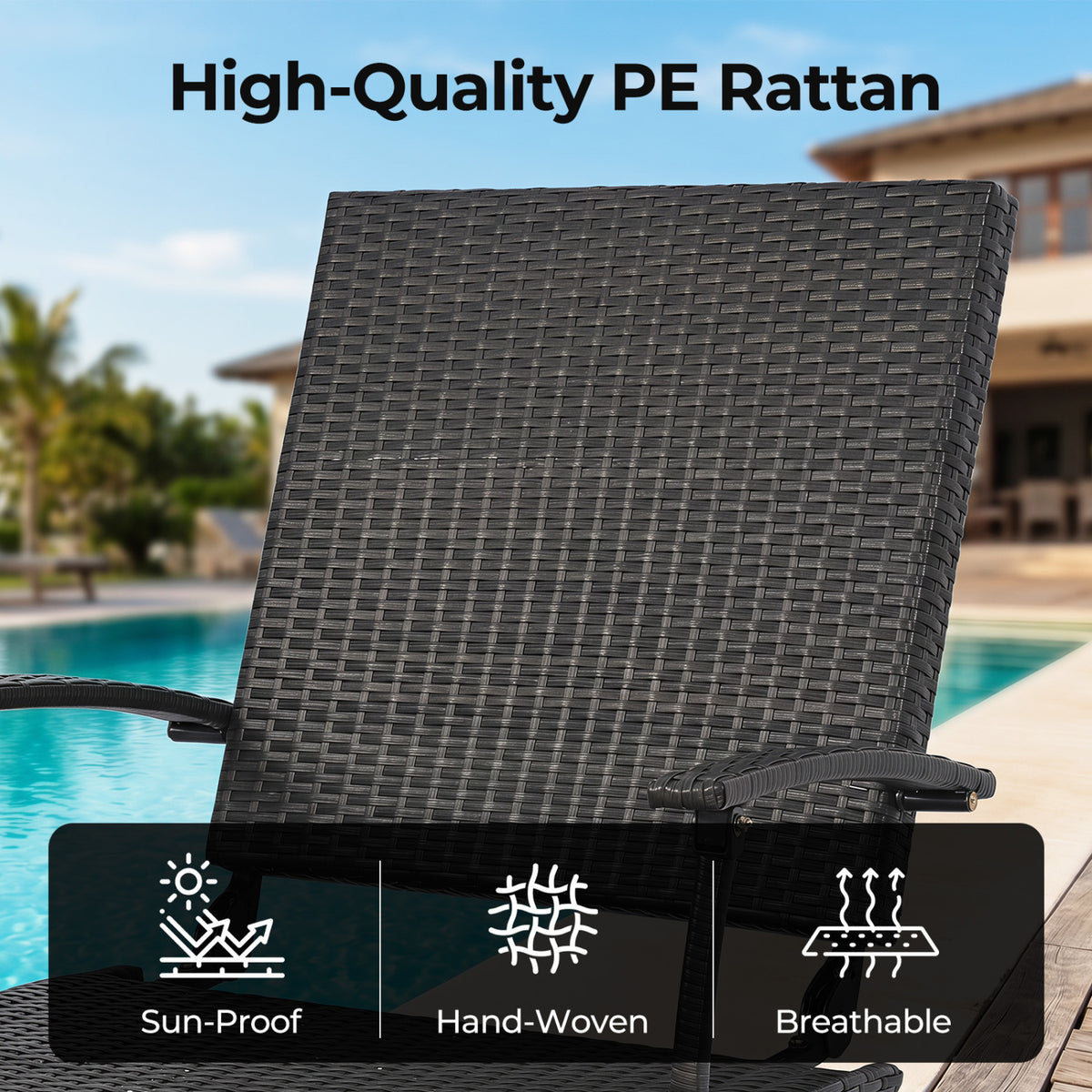 Folding Wicker Chaise Lounge with Slide-Out Ottoman11-Level Adjustable Backrest to Flat and Sun-Proof PE Rattan-Navy-Outdoor Chaise Lounges-DECOROLALA