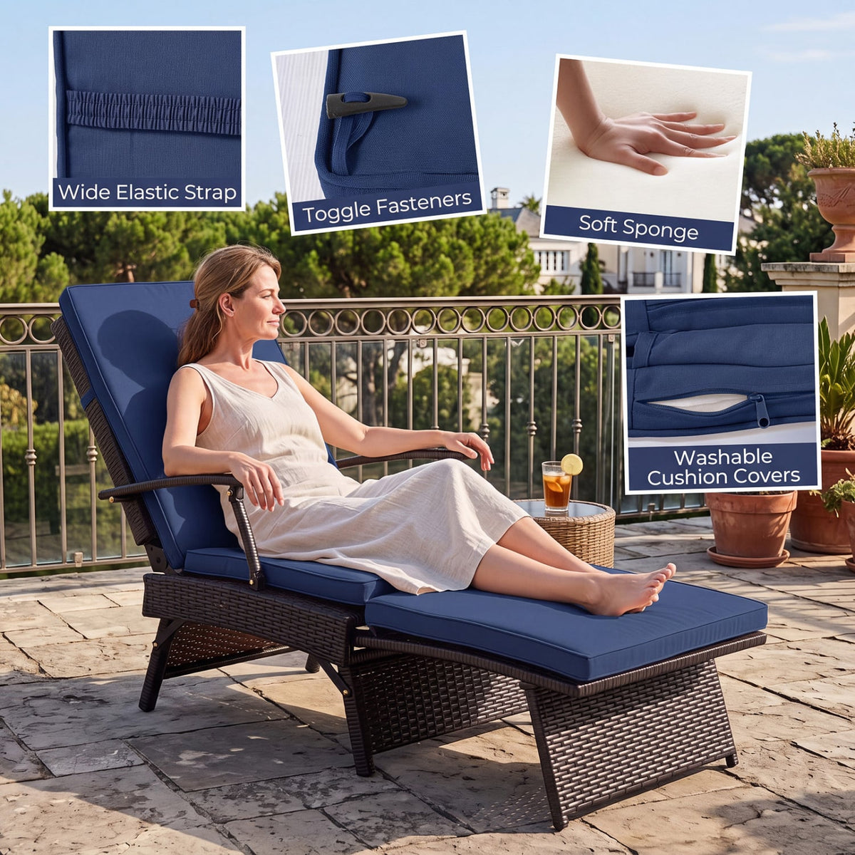 Folding Wicker Chaise Lounge with Slide-Out Ottoman11-Level Adjustable Backrest to Flat and Sun-Proof PE Rattan-Navy-Outdoor Chaise Lounges-DECOROLALA
